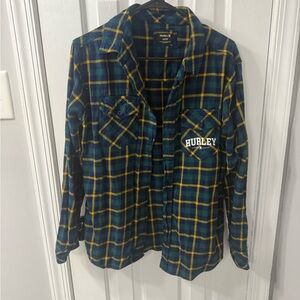 Hurley Men's Blue and Yellow Plaid Shirt size small flannel